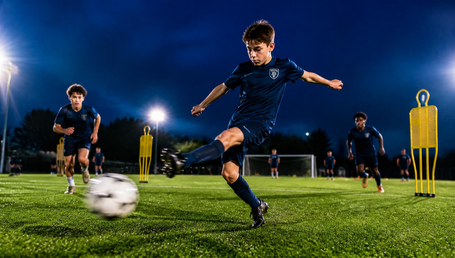 Young footballer striking a ball during an evening training session on a floodlit pitch